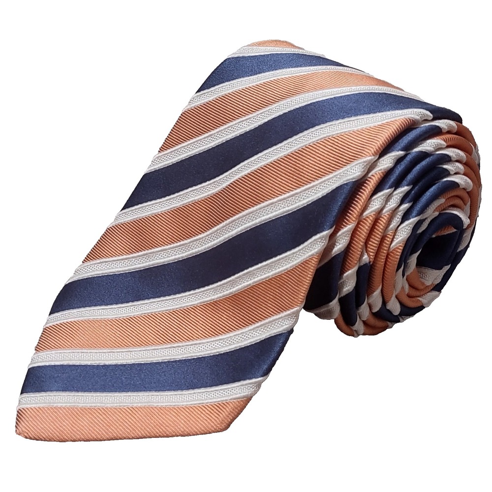 BRIONI Tie 3.5" x 60" Peach Blue Diagonal Striped Textured Silk Hand Made Italy